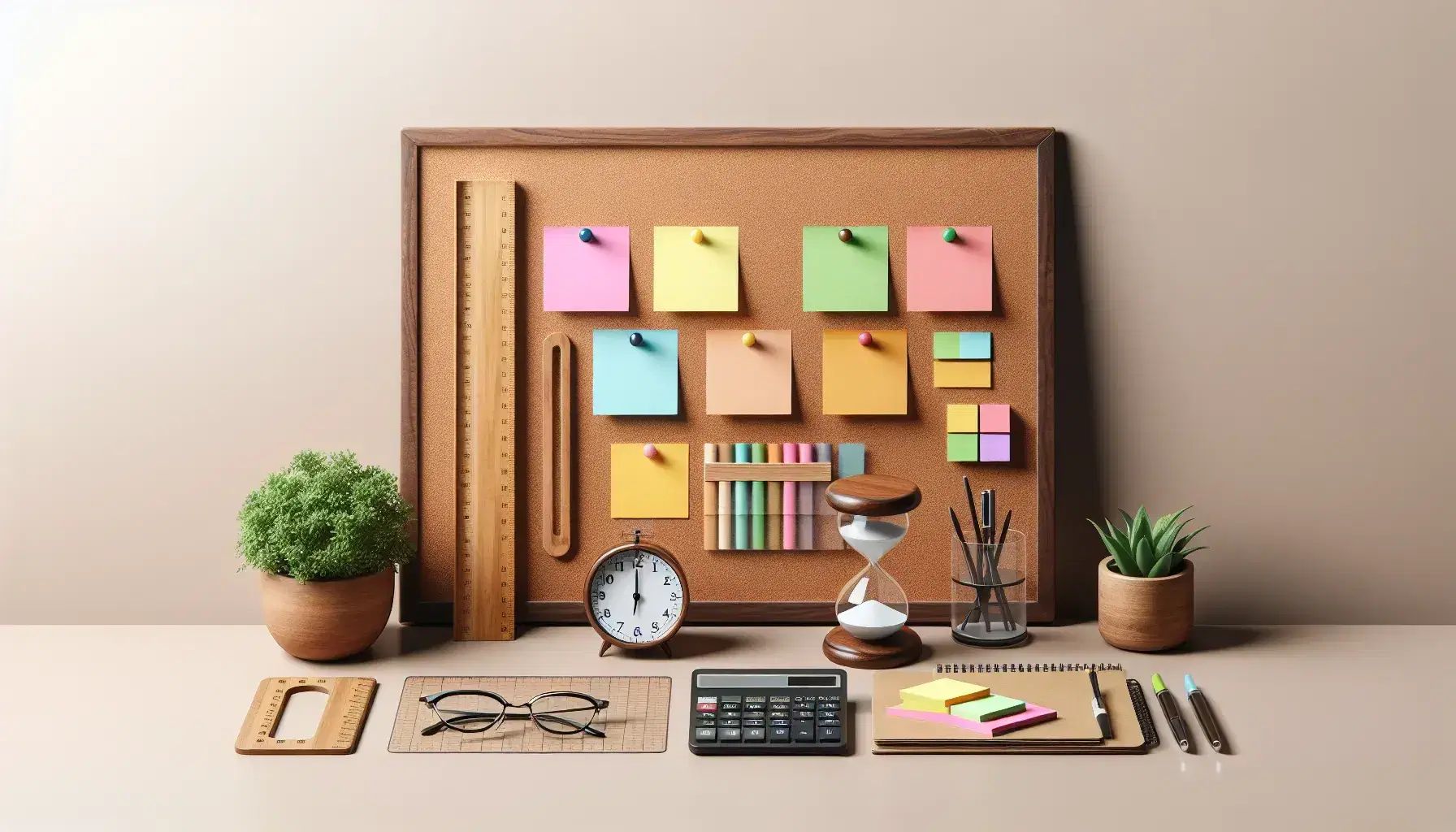 Mesa de trabajo con corcho y notas adhesivas de colores, regla, compás, reloj de arena, planta, calculadora científica y taza de café humeante.