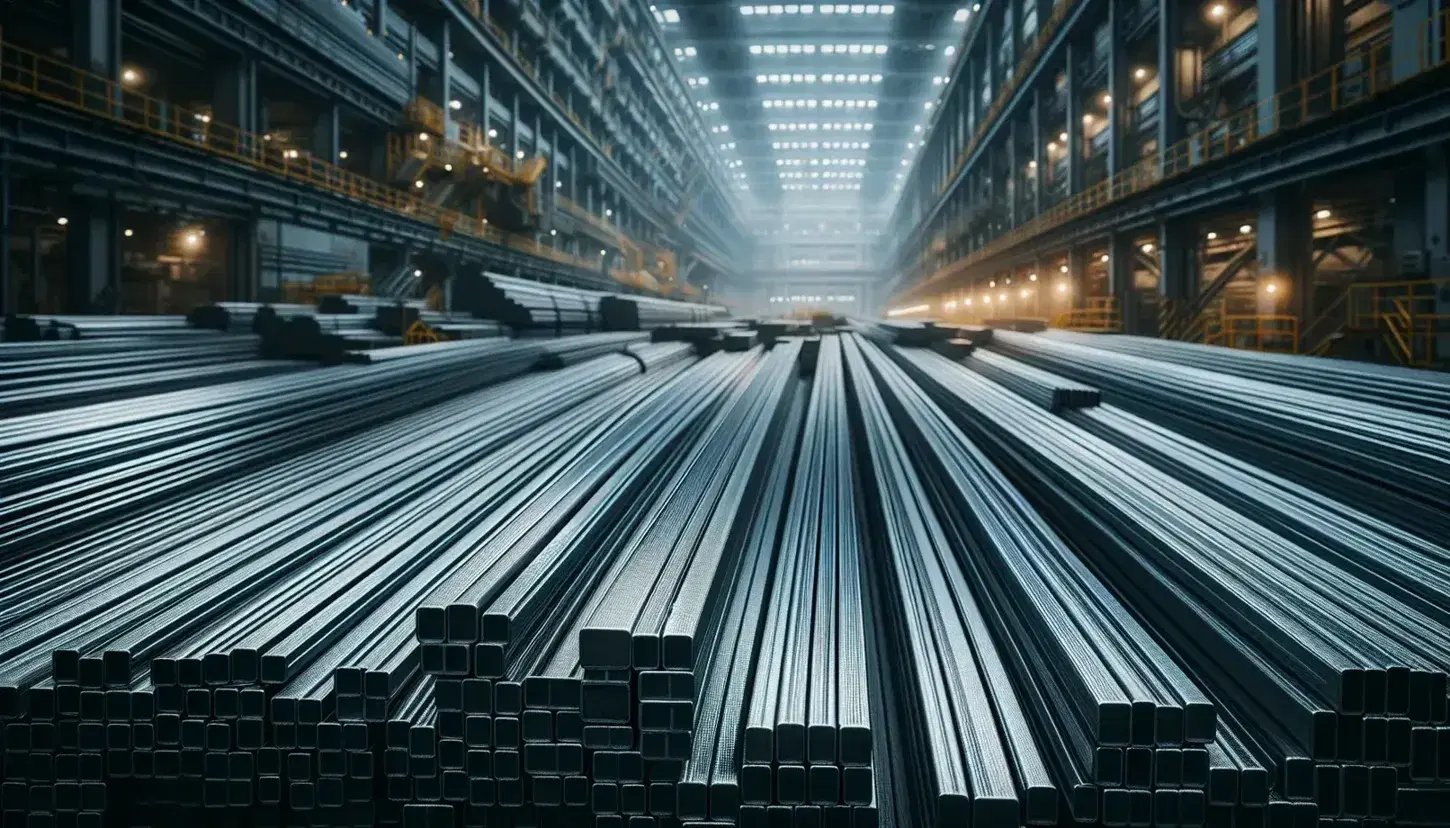 Barras de acero apiladas en paralelo con acabado metálico brillante en un fondo industrial borroso, reflejando luz artificial.