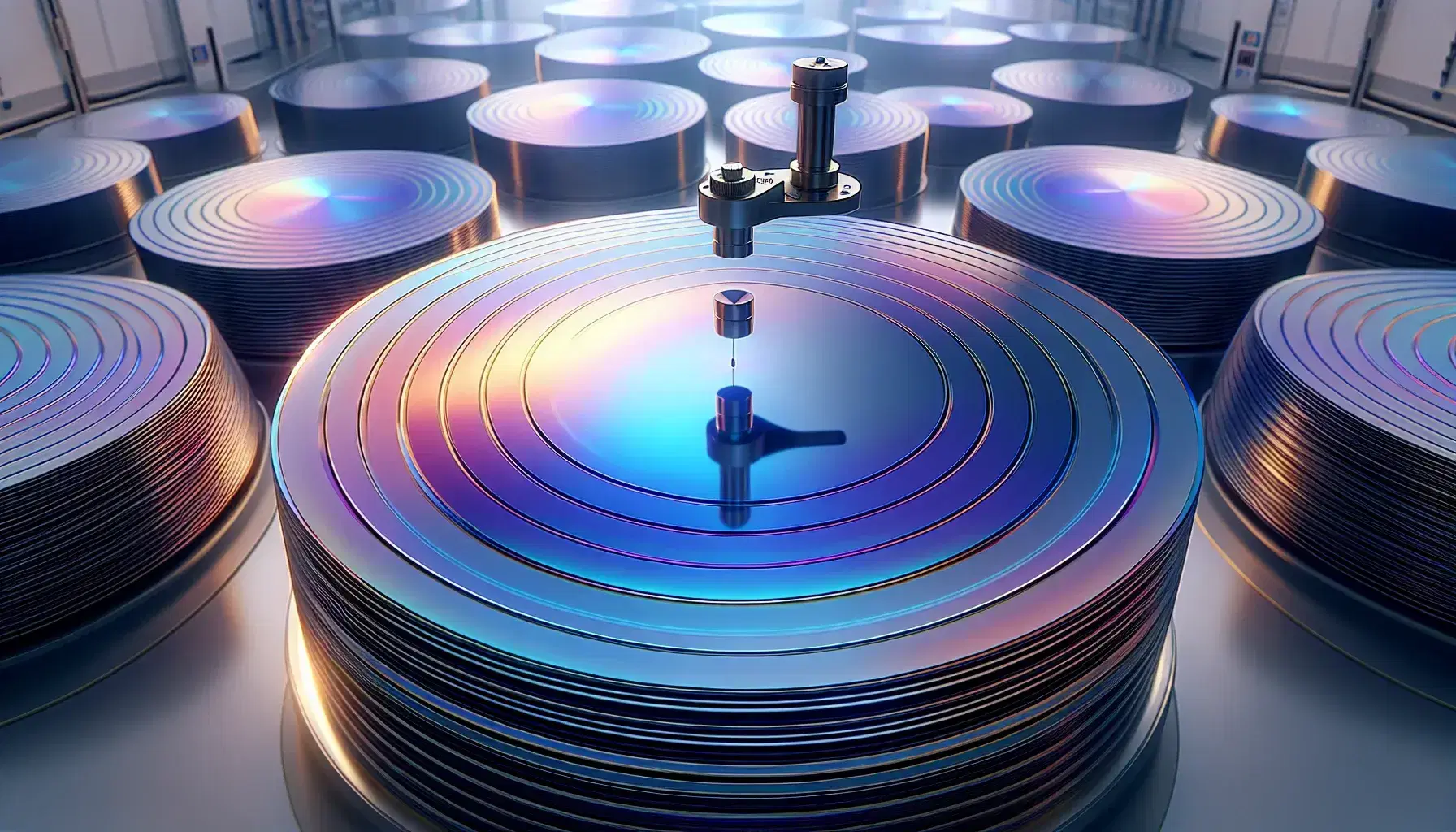Wafers di silicio iridescenti in cleanroom con pinza di precisione che solleva un wafer sottile, riflessi blu-viola senza marchi visibili.
