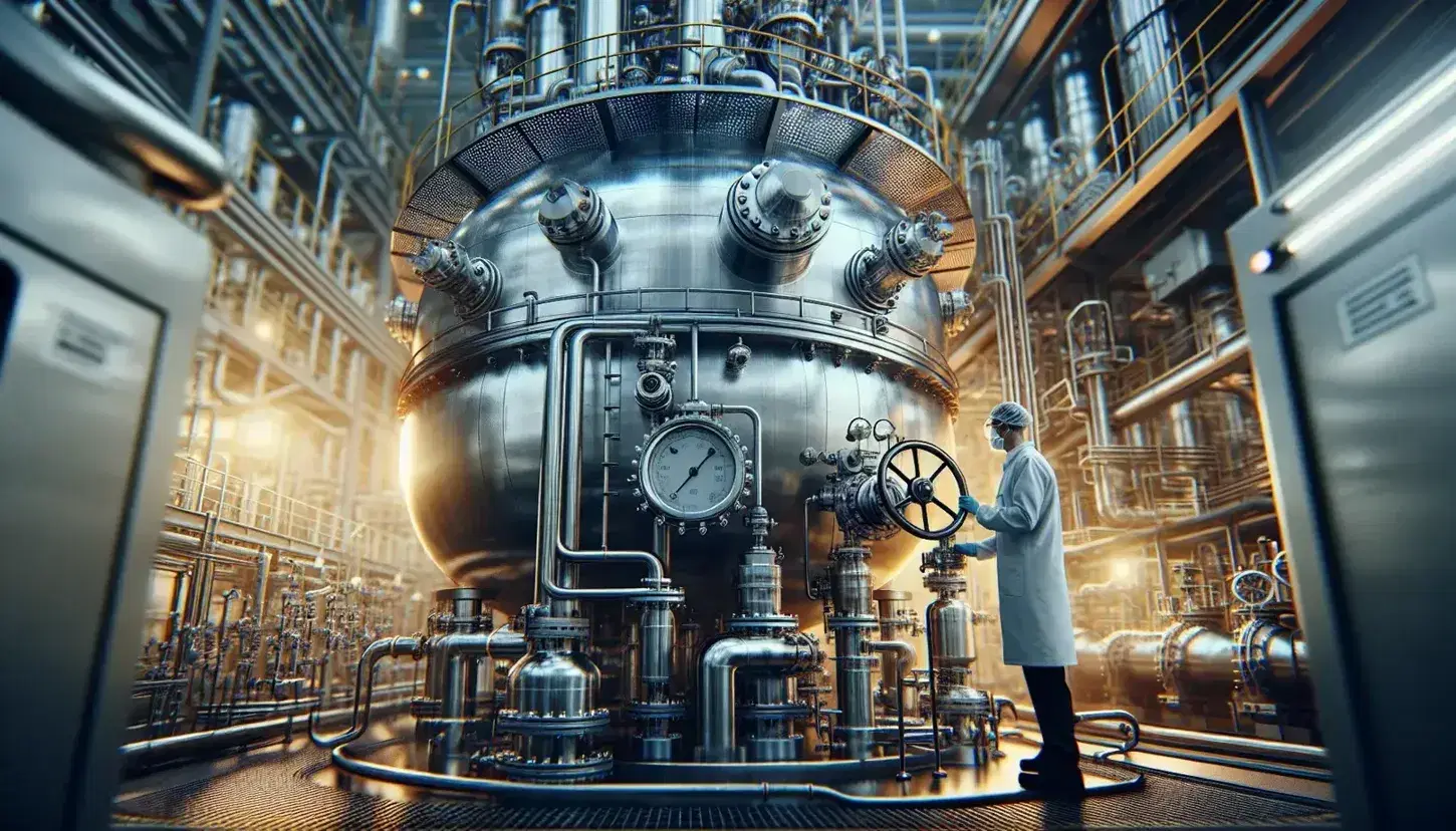 Stainless steel industrial chemical reactor with technician adjusting a valve, light reflections and blurry equipment in the background.