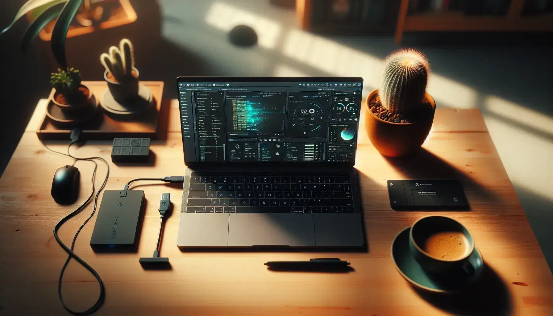 Escritorio de madera clara con laptop abierto mostrando interfaz, disco duro externo conectado, taza de café con vapor y cactus en maceta terracota.