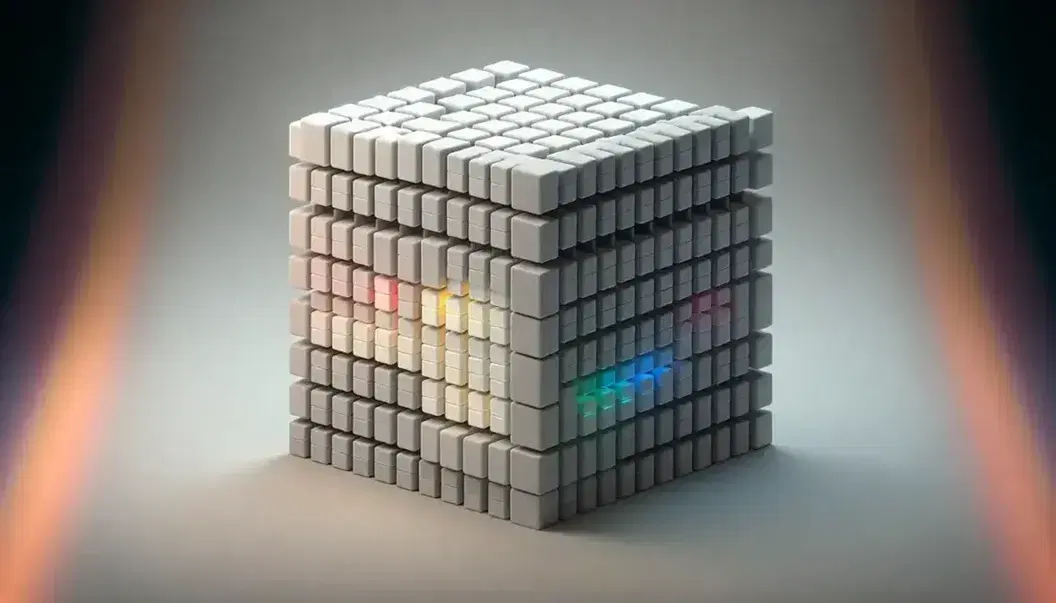 Struttura tridimensionale di cubi impilati in gradiente monocromatico con luci LED colorate incastonate che suggeriscono una sequenza binaria.