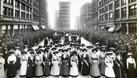 Women marching for women's suffrage in an early 20th century parade, wearing period dresses and ornate hats, on a crowded street.