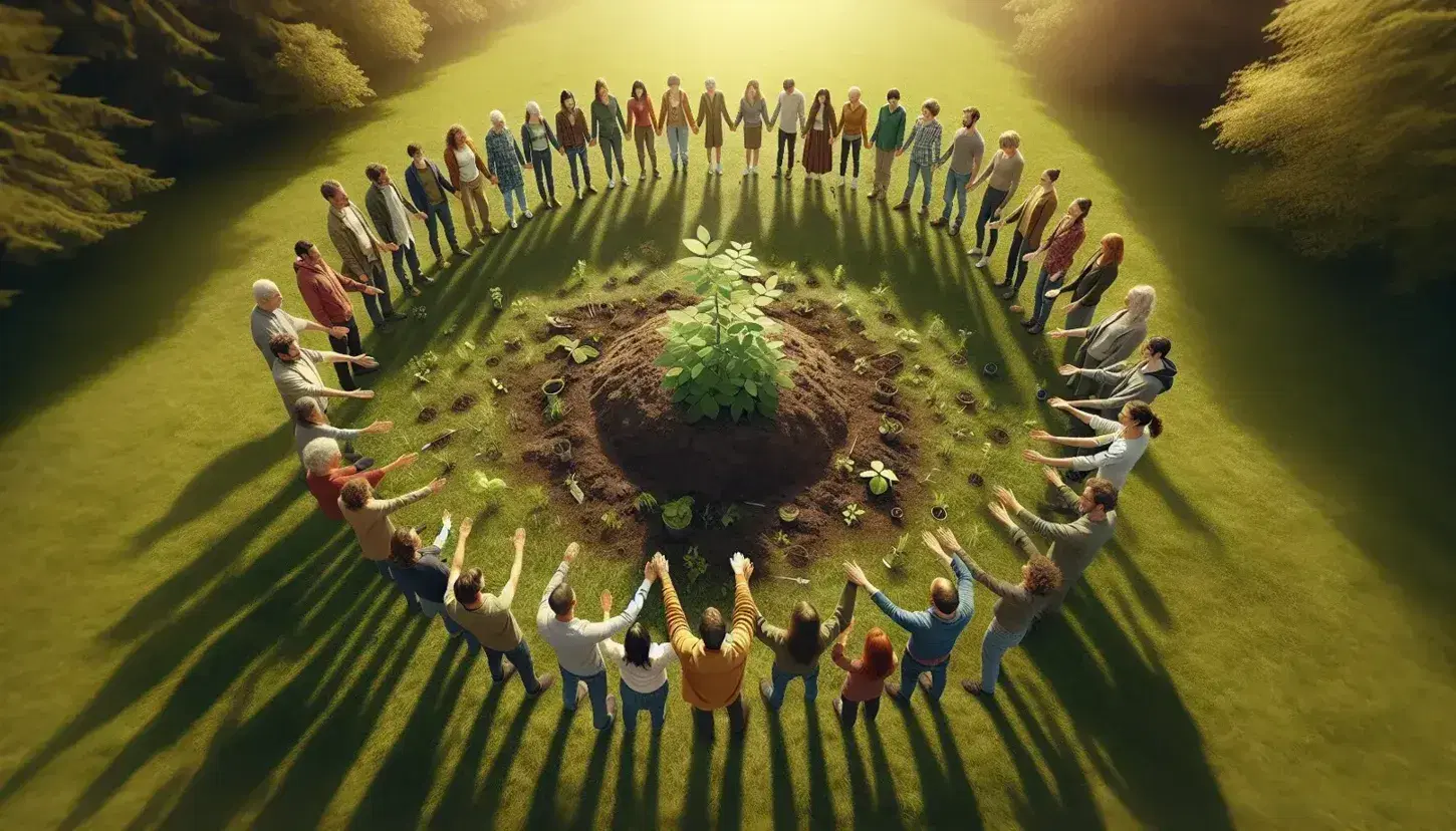 Grupo diverso de personas participando en actividad de plantación de un árbol joven en un parque soleado, simbolizando unidad y cuidado del medio ambiente.