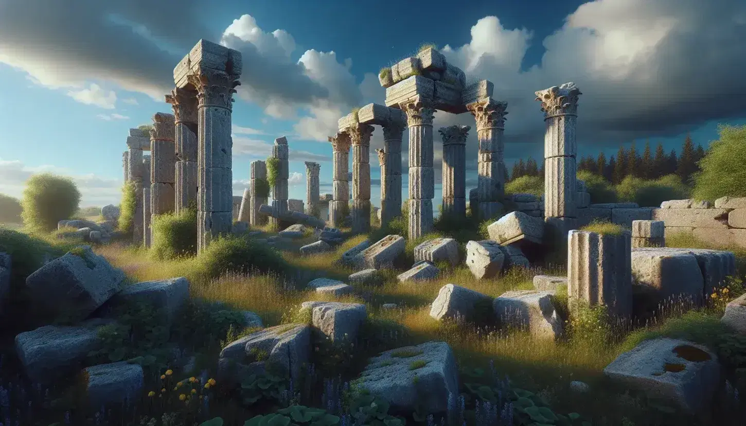 Rovine antiche con colonne spezzate e mura su prato verde con fiori selvatici, sotto cielo azzurro con nuvole.