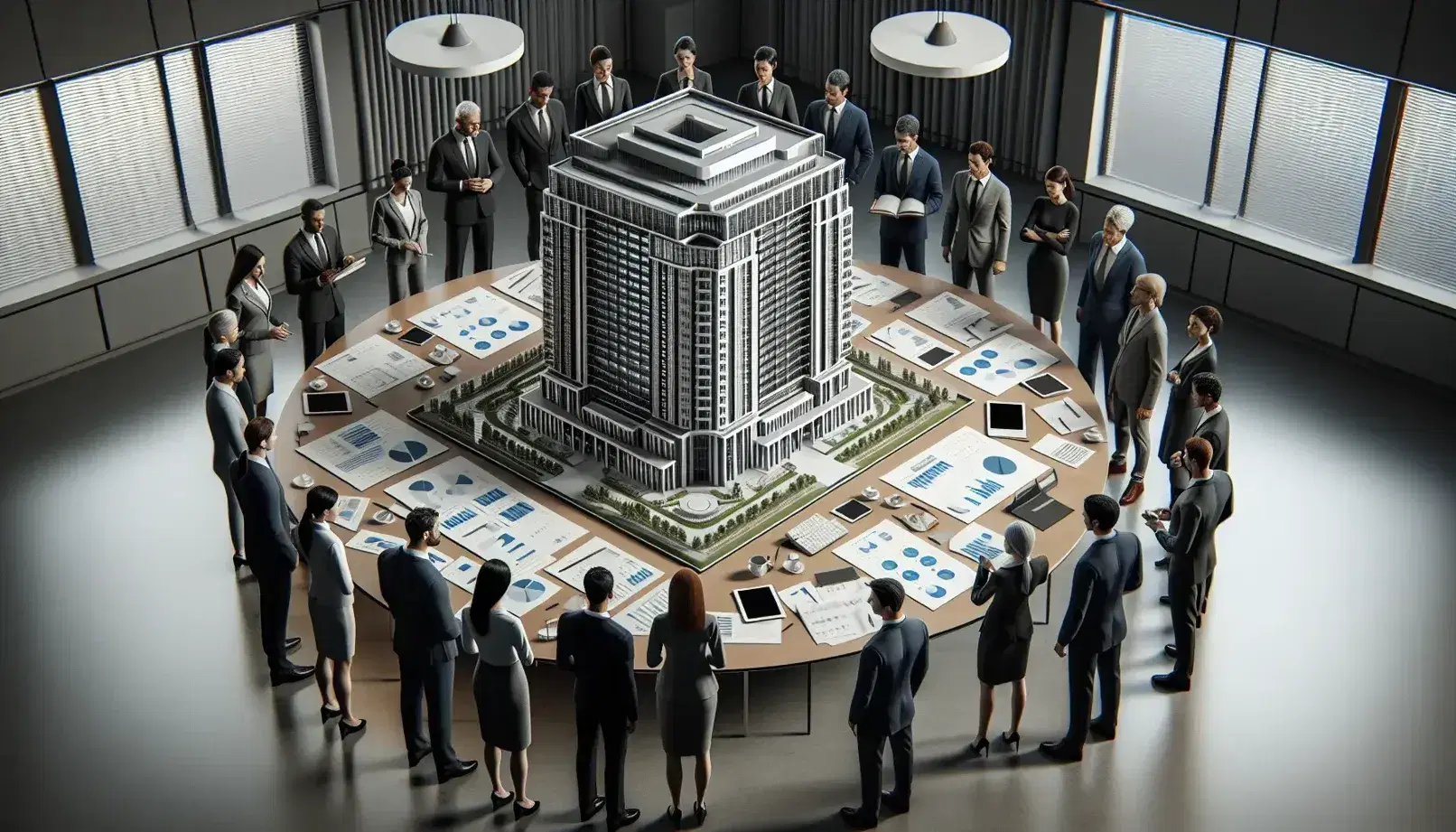 Grupo diverso de profesionales analiza maqueta de edificio en reunión de trabajo, con documentos y dispositivos electrónicos sobre mesa ovalada.