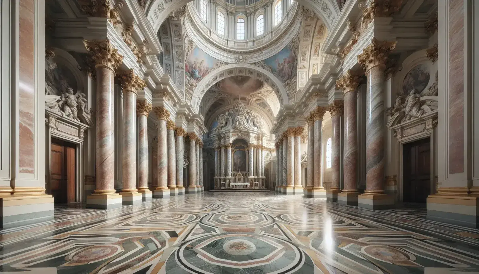 Vista interior de iglesia barroca con suelo de mármol geométrico, columnas corintias doradas y bóveda con frescos en tonos pastel.