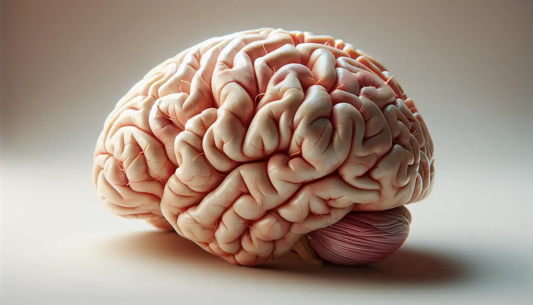 Detailed anatomical model of the human brain in left lateral view with evident sulci and gyri on a light background.