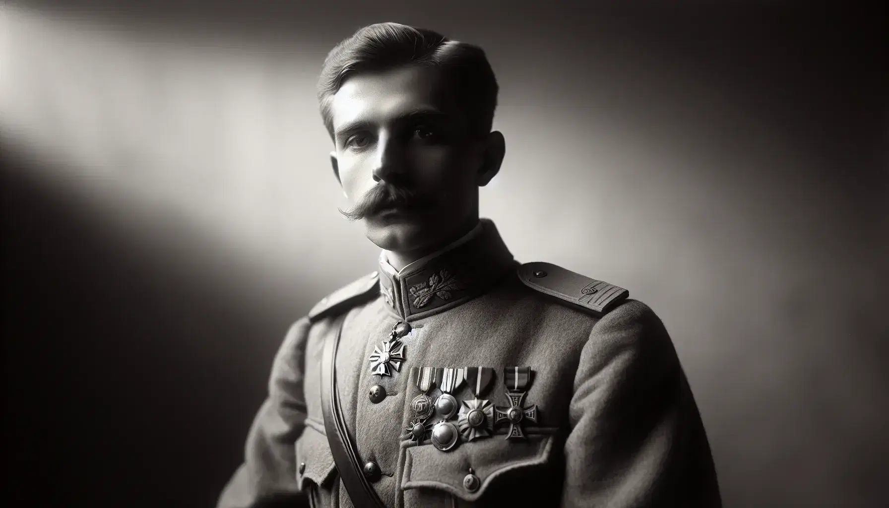 Retrato en blanco y negro de hombre con uniforme militar del siglo XX, mostrando insignias y medallas, con bigote característico y postura seria.