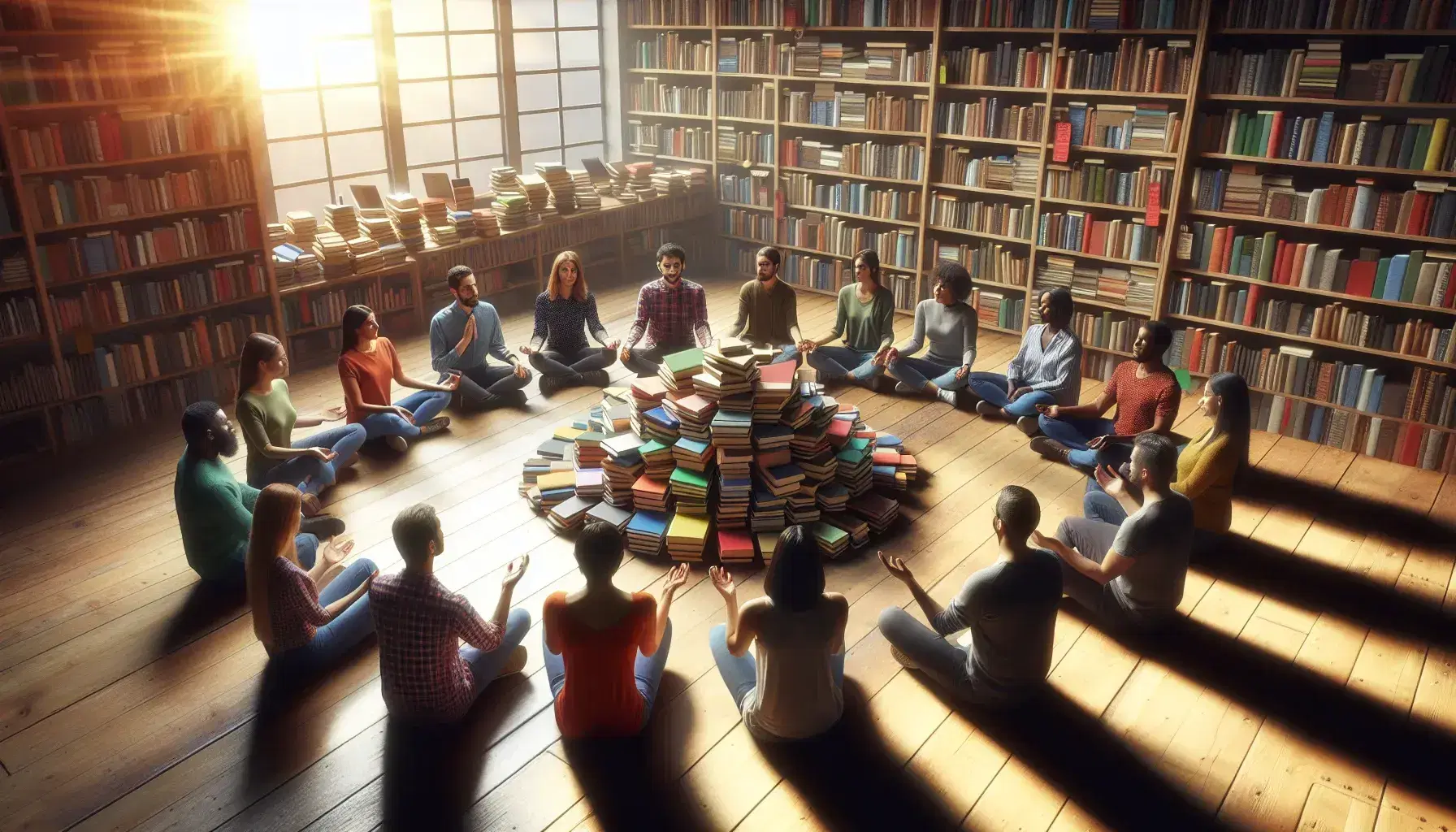 Grupo diverso de personas sentadas en círculo en una biblioteca, con libros en el centro, iluminados por luz natural, en un ambiente de diálogo y reflexión.