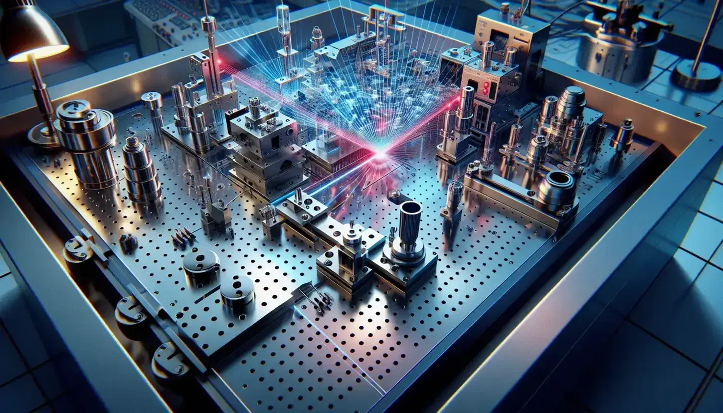 Optical table for quantum optics experiments with blue laser, mirrors, beam splitters, lenses and photon detector in defocused laboratory.
