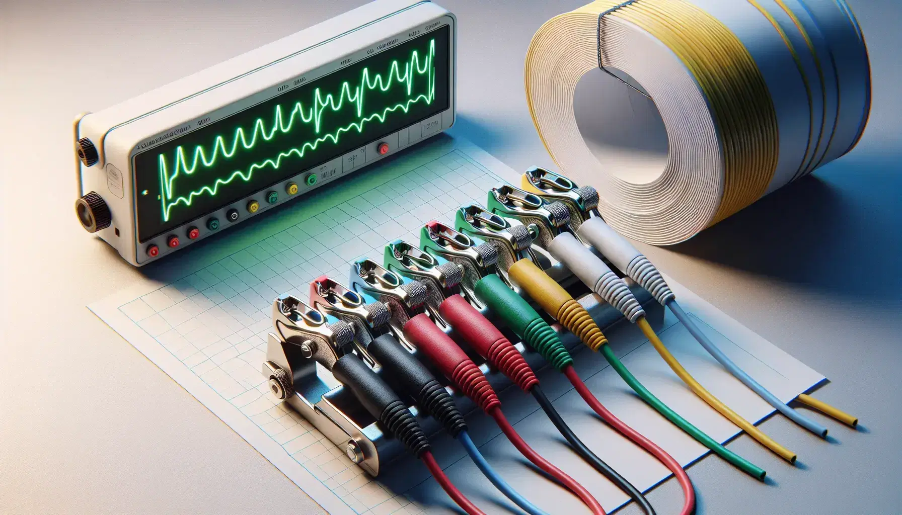 Cables de colores con pinzas metálicas sobre superficie clara y dispositivo médico con pantalla de líneas onduladas verdes al fondo.