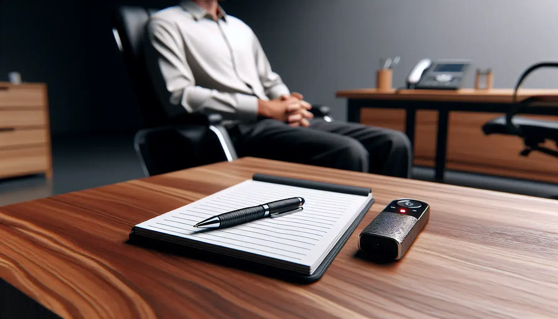 Professional psychiatrist and patient in evaluation session, with voice recorder turned on on desk and abstract painting in background.