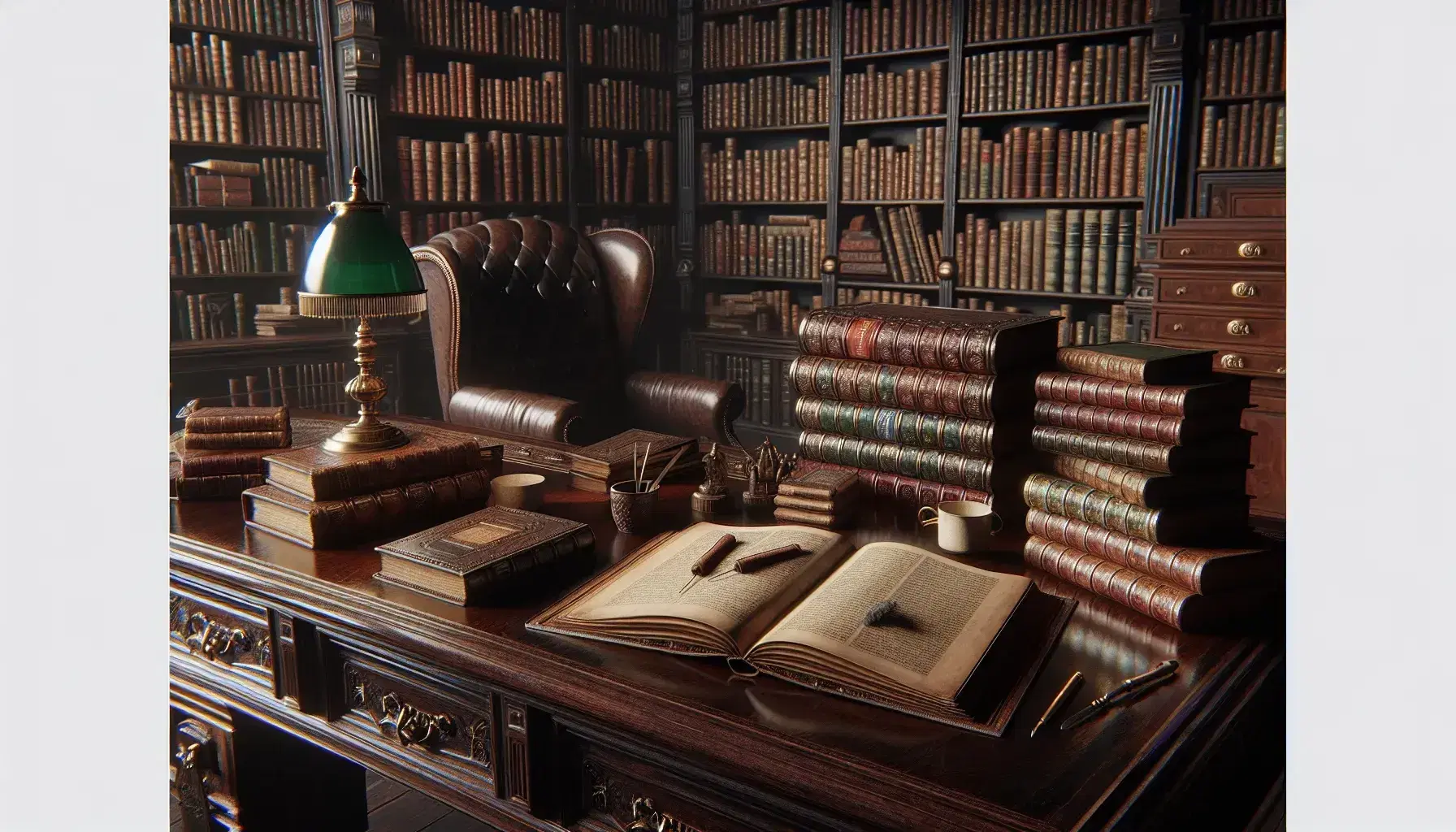 Biblioteca antica con scrivania in legno scuro, libri in pelle, lampada in ottone e poltrona in cuoio, su tappeto persiano.