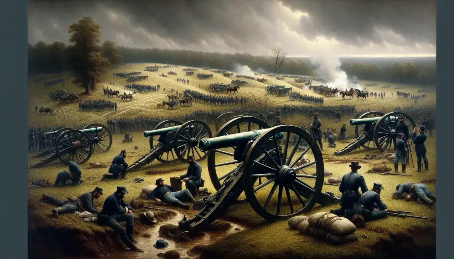 Civil war cannons lined up on muddy ground, soldiers in blue and gray uniforms tend to the wounded, gray sky above.