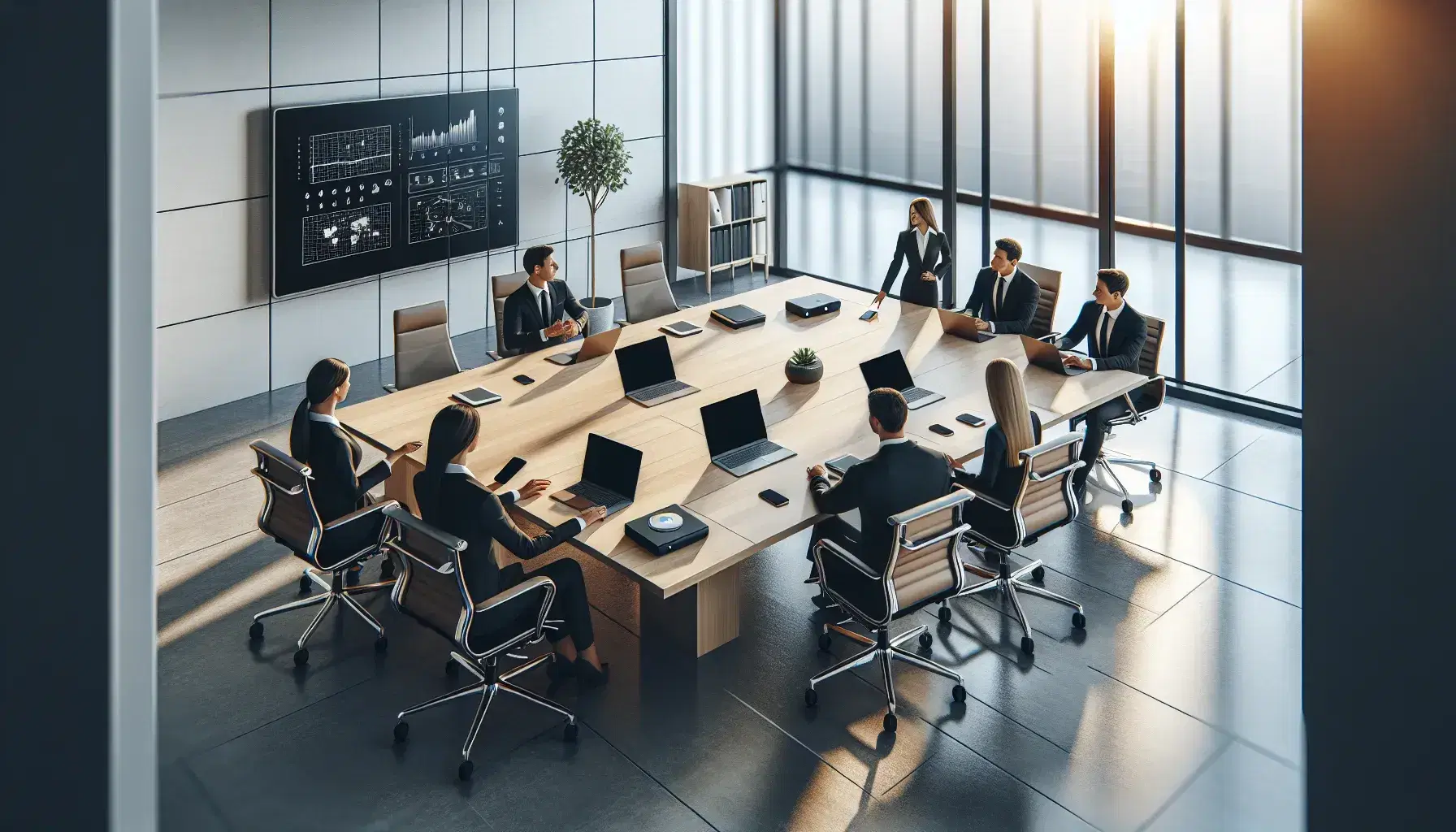 Reunión de negocios en oficina moderna con cinco profesionales alrededor de una mesa con laptops y proyector apagado, discutiendo frente a pantalla en blanco.