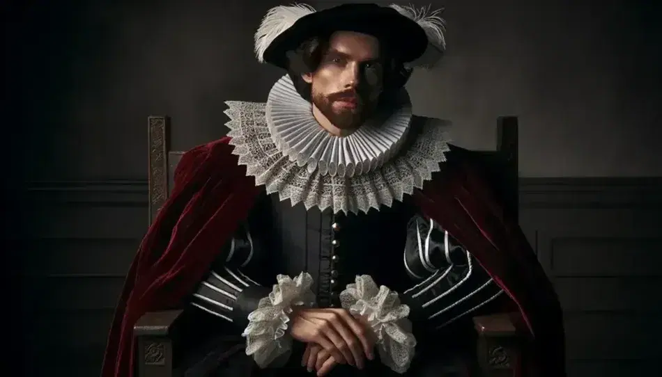 Ritratto di uomo in abiti del XVII secolo che raffigura Re Carlo I, con mantello rosso velluto, colletto in pizzo e cappello nero.