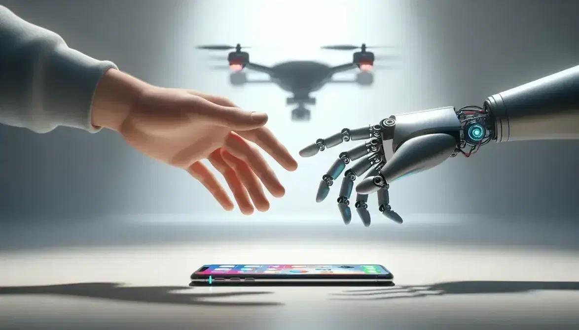 Mano humana y mano robótica a punto de estrecharse en un saludo, con un dron cuadricóptero desenfocado al fondo y un dispositivo móvil en primer plano.