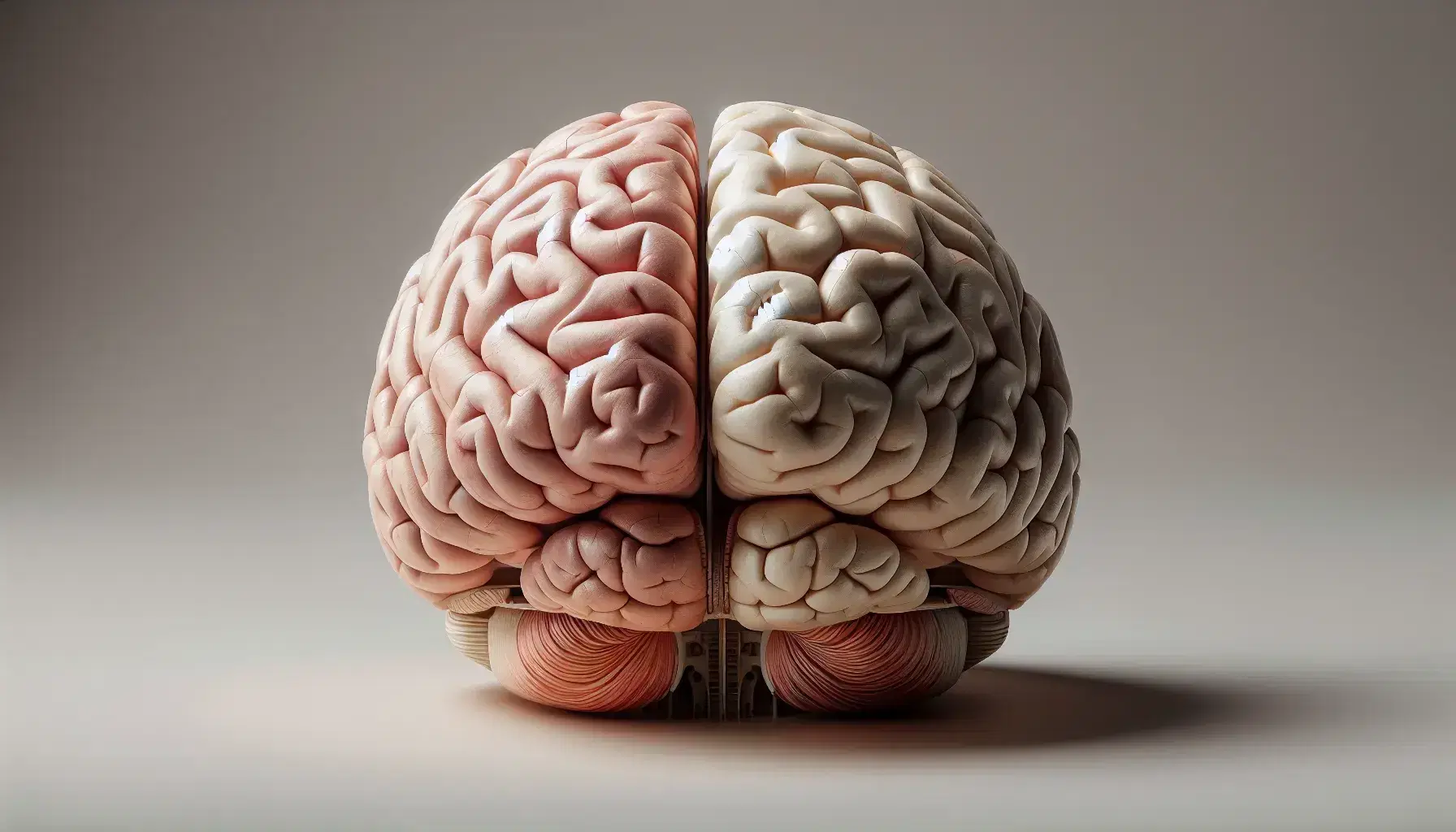 Detailed anatomical model of the human brain sectioned sagittally, showing the left hemisphere and internal structures such as the corpus callosum.