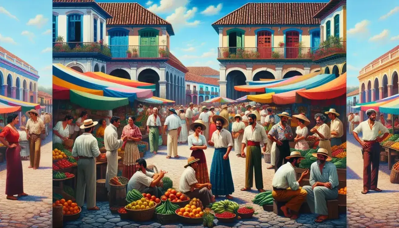 Vibrant street scene in a Spanish-speaking country with locals in colorful attire, a lively market under bright canopies, and pastel-colored colonial buildings.