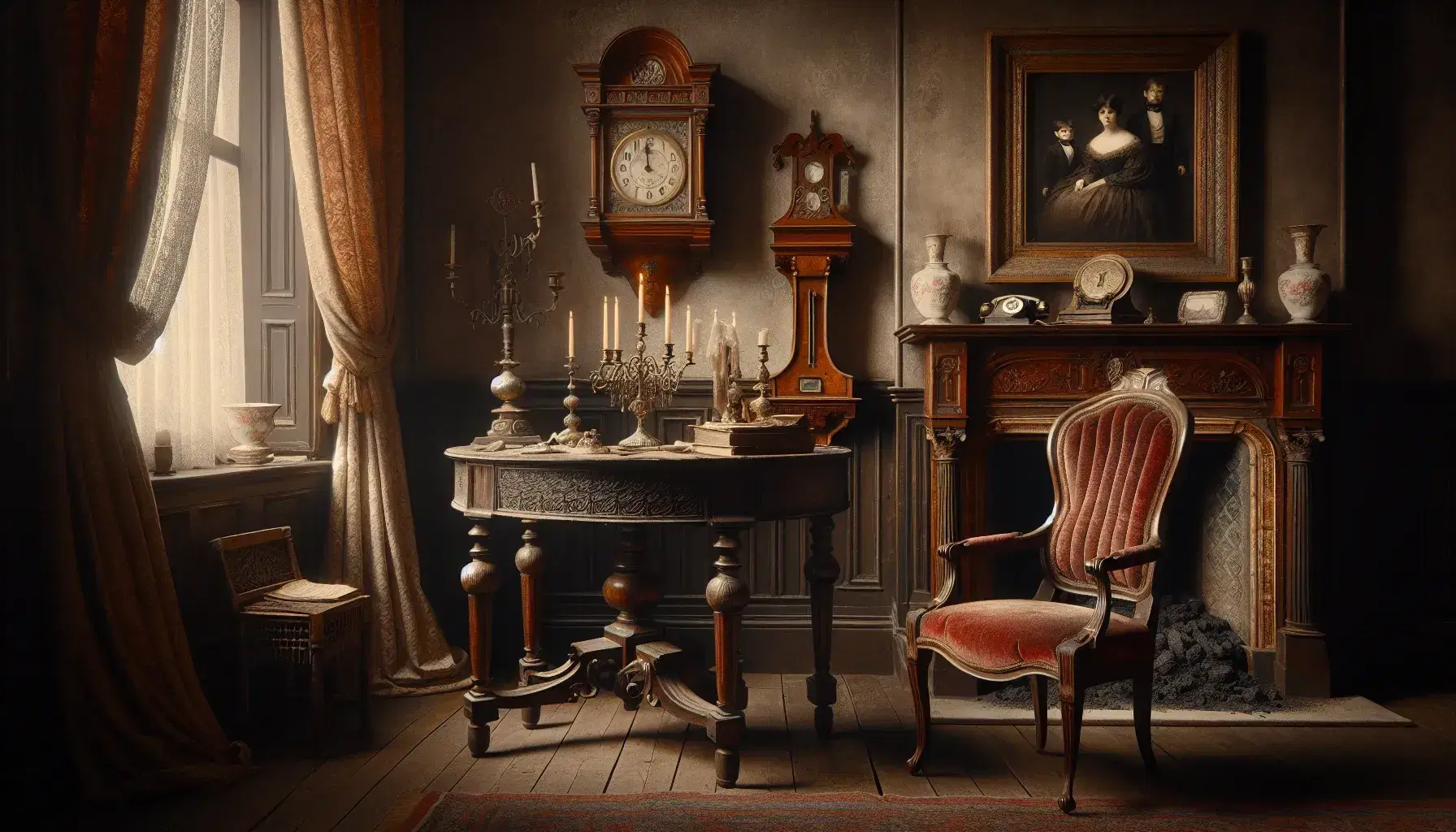 Salón victoriano con mesa de madera oscura y candelabro de plata, silla de terciopelo rojo, ventana con cortinas brocadas y chimenea de mármol con reloj antiguo y jarrones porcelana.