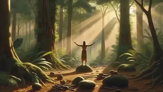 Figura humana en actitud de reverencia en un bosque, con brazos alzados y rodeada de vegetación densa, vestimenta tradicional y objetos naturales en primer plano.