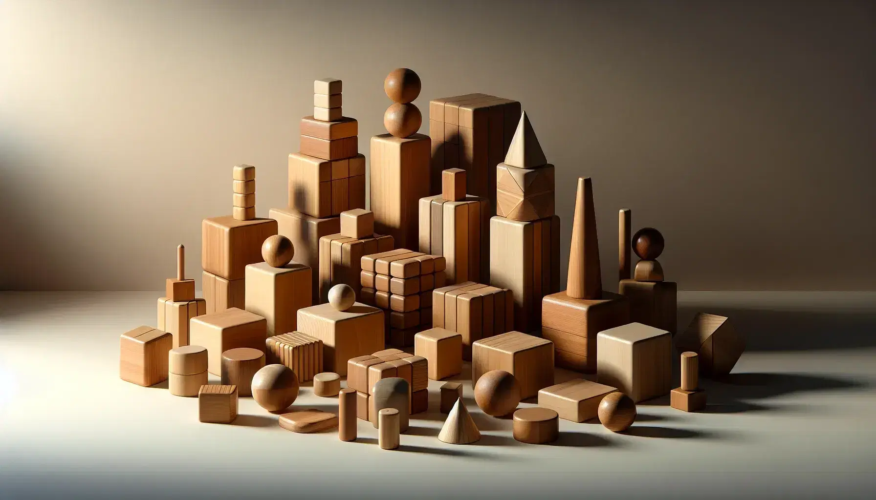 Blocchi geometrici in legno di varie forme e dimensioni su superficie neutra con ombre morbide che evidenziano la tridimensionalità.