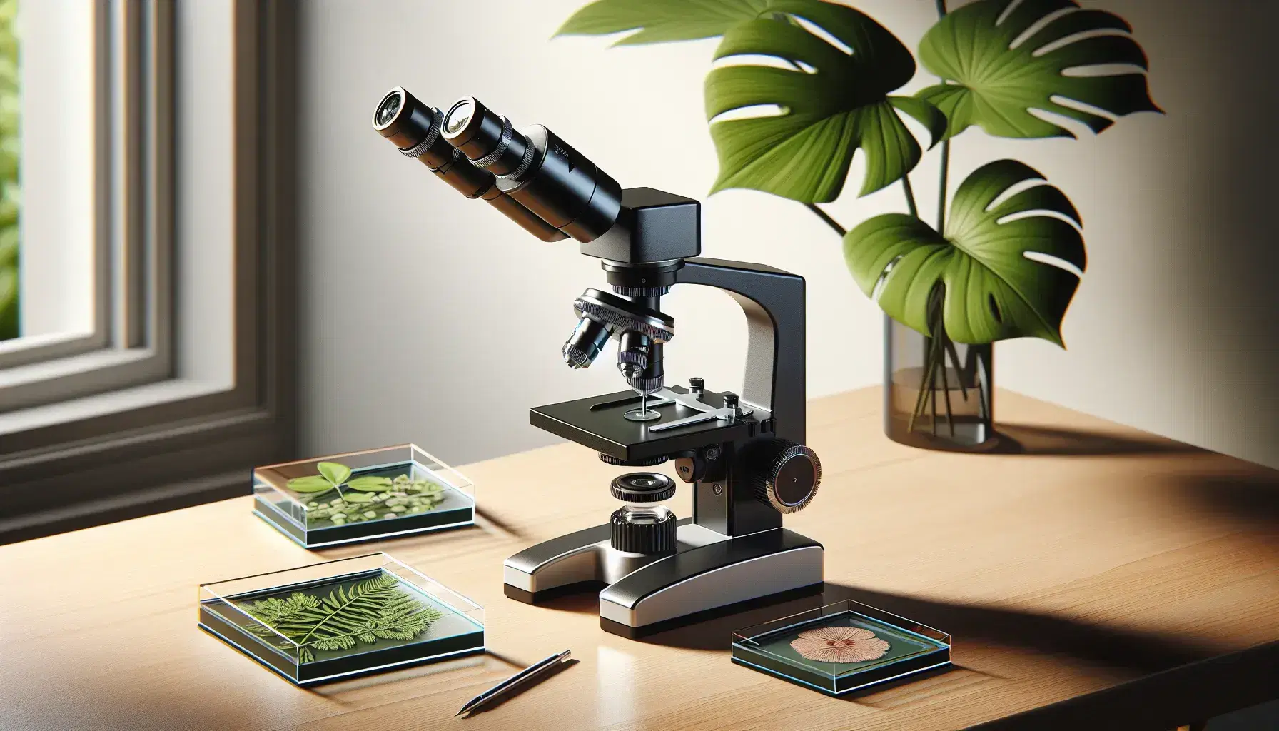 Microscopio ottico nero e argento su tavolo in legno chiaro con tre lenti, portaoggetti e vetrini con campioni biologici, sfondo con pianta verde.