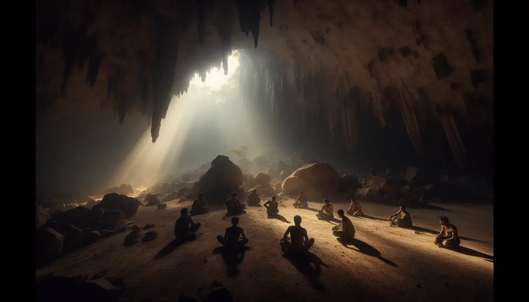 Cueva sombría con luz natural filtrándose por una abertura superior, figuras humanas atadas a formaciones rocosas y una desatándose, sin elementos modernos.