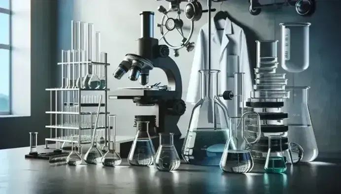 Science laboratory with microscope, slides, beakers with liquids, Bunsen burner, lab coat, safety glasses and nitrile gloves.