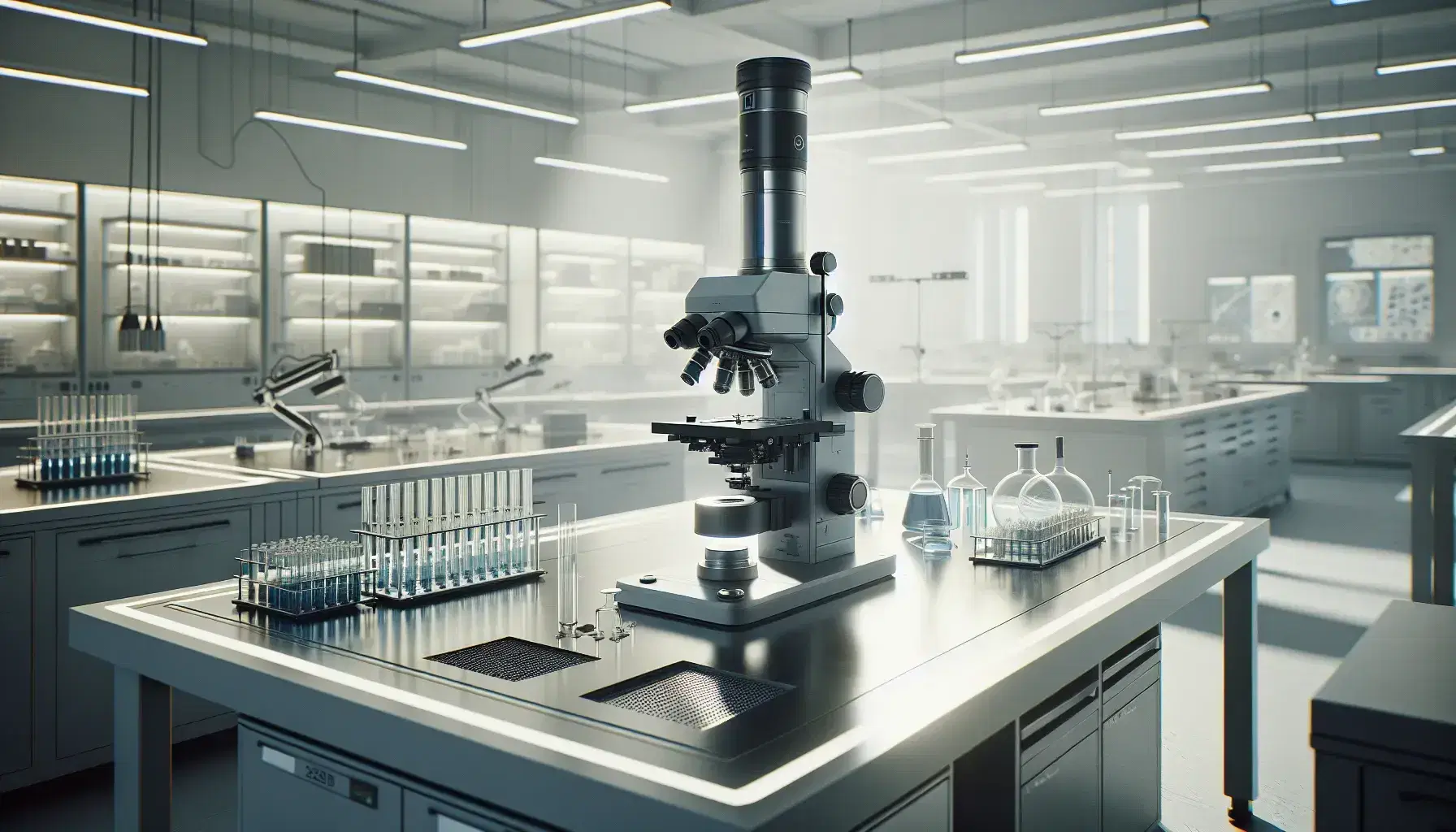Laboratorio di ricerca biomedica con microscopio elettronico e provette colorate su tavolo riflettente, ambiente pulito e tecnologico.