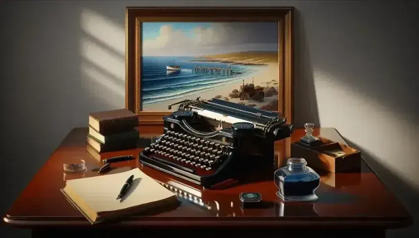 Scrivania in legno scuro con macchina da scrivere vintage, calamaio in vetro, penna stilografica e libro aperto, dipinto di paesaggio marino sullo sfondo.
