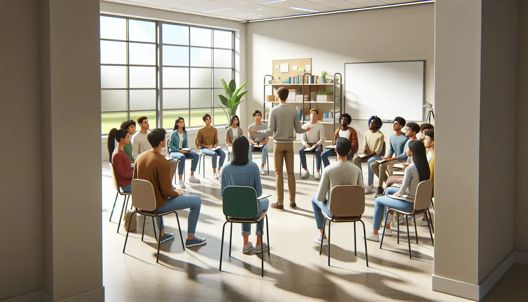 Estudiantes diversos sentados en círculo en un aula con un compañero de pie explicando, reflejando atención y participación activa.