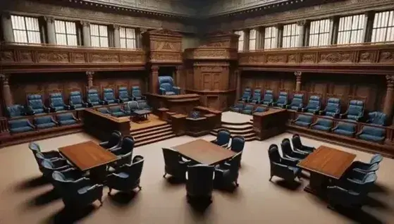 Solemn interior of a courtroom with a dark wooden judge's bench, area for lawyers, jury box and benches for spectators.