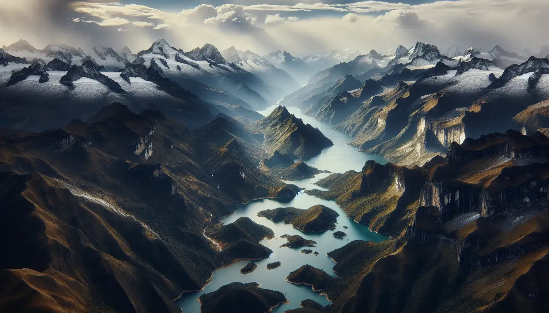 Vista aérea de la cordillera de los Andes en Colombia con picos nevados, valles profundos, ríos serpenteantes y un lago tranquilo bajo un cielo parcialmente nublado.