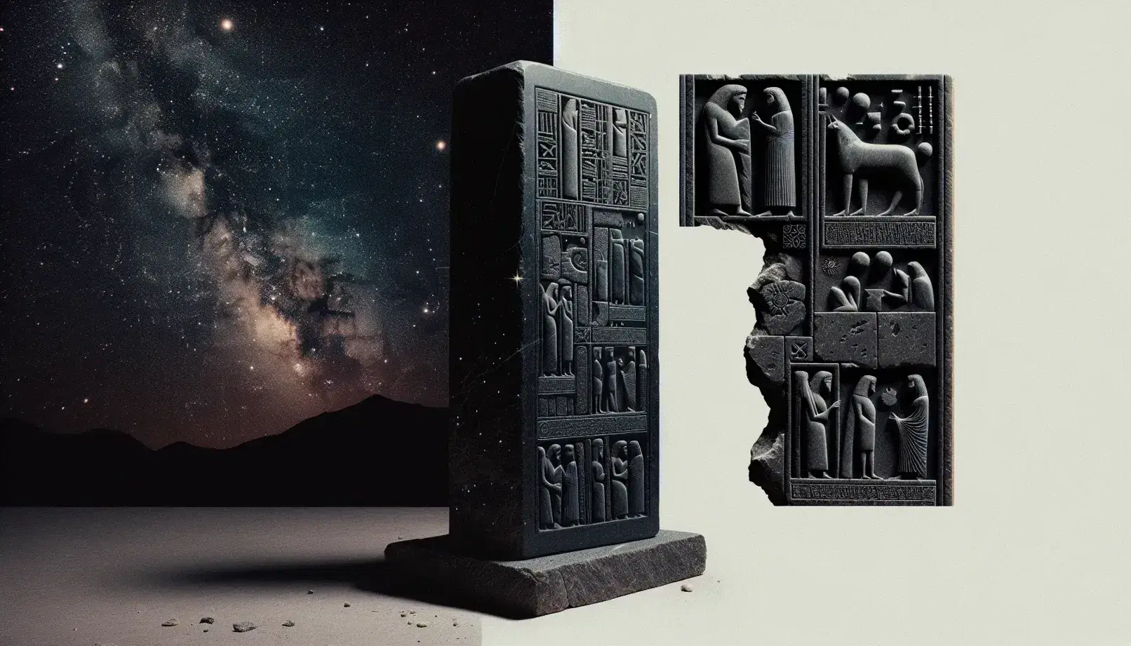 Stele di pietra scura su base chiara sotto cielo stellato con frammento di bassorilievo e astrolabe bronzeo antico in primo piano.