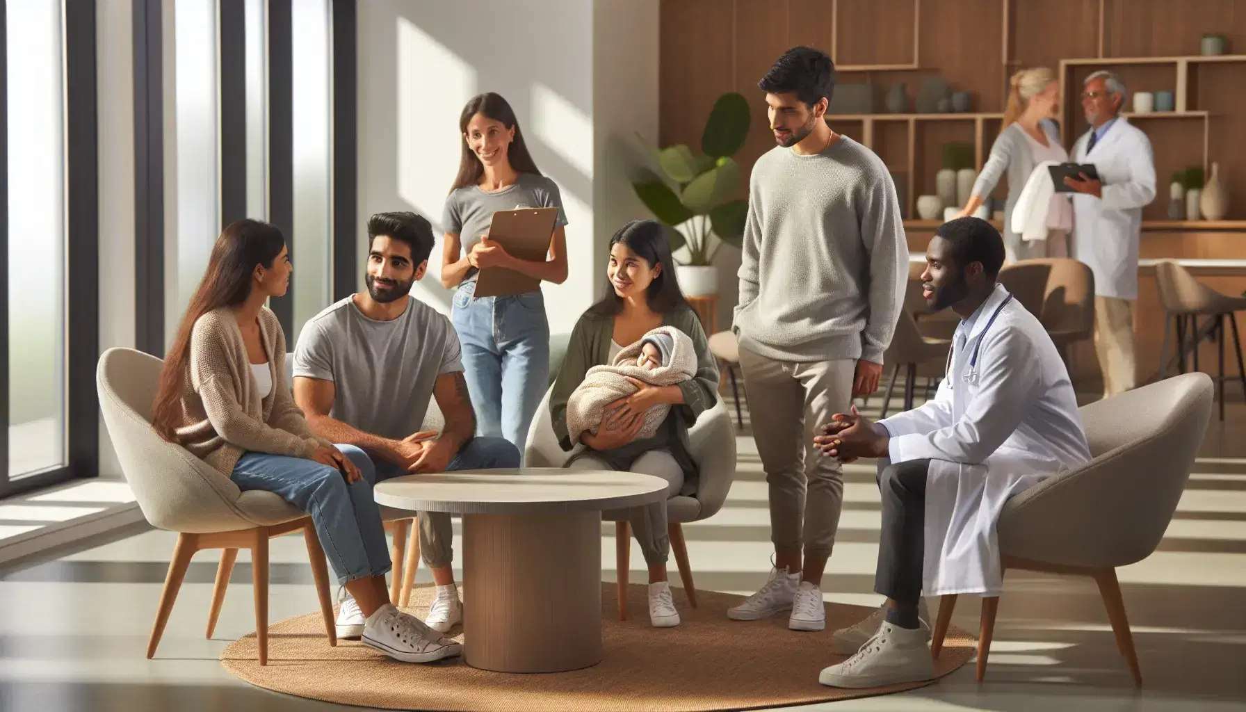 Multi-ethnic community gathering in a bright space with adults conversing, healthcare professional in conversation and newborn in arms.