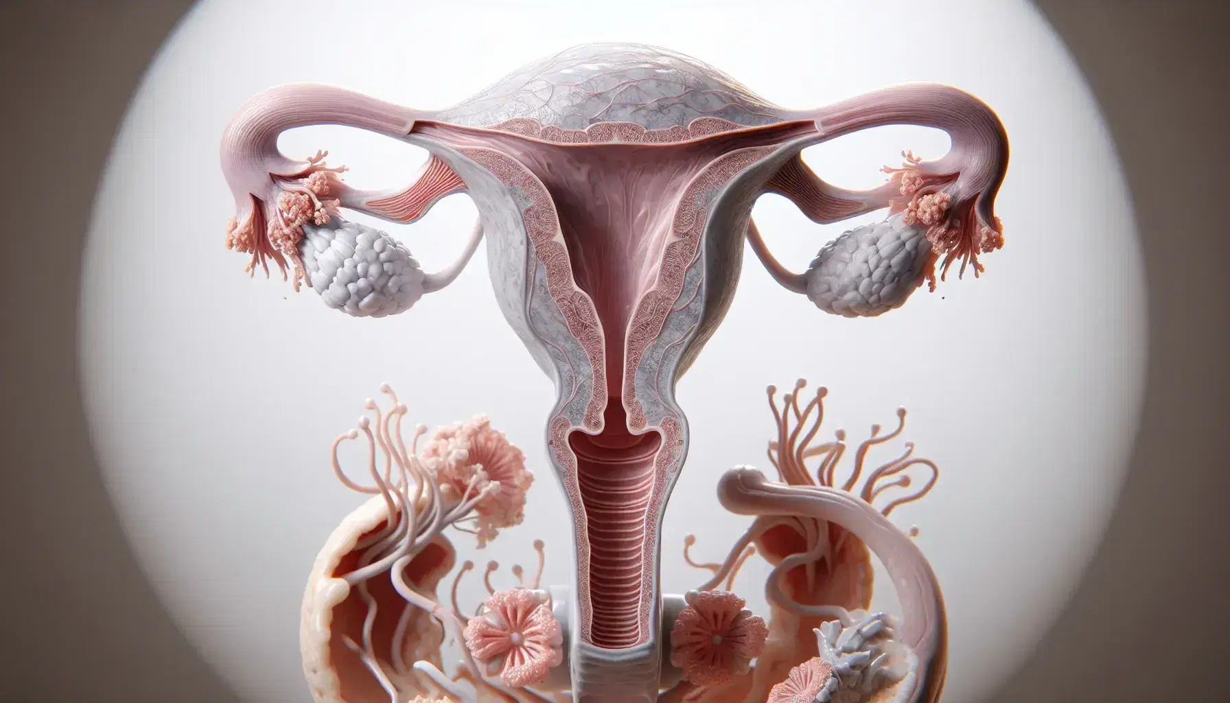 Sistema reproductor femenino en 3D con útero, trompas de Falopio, fimbrias y ovarios en tonos rosas y grises sobre fondo neutro.