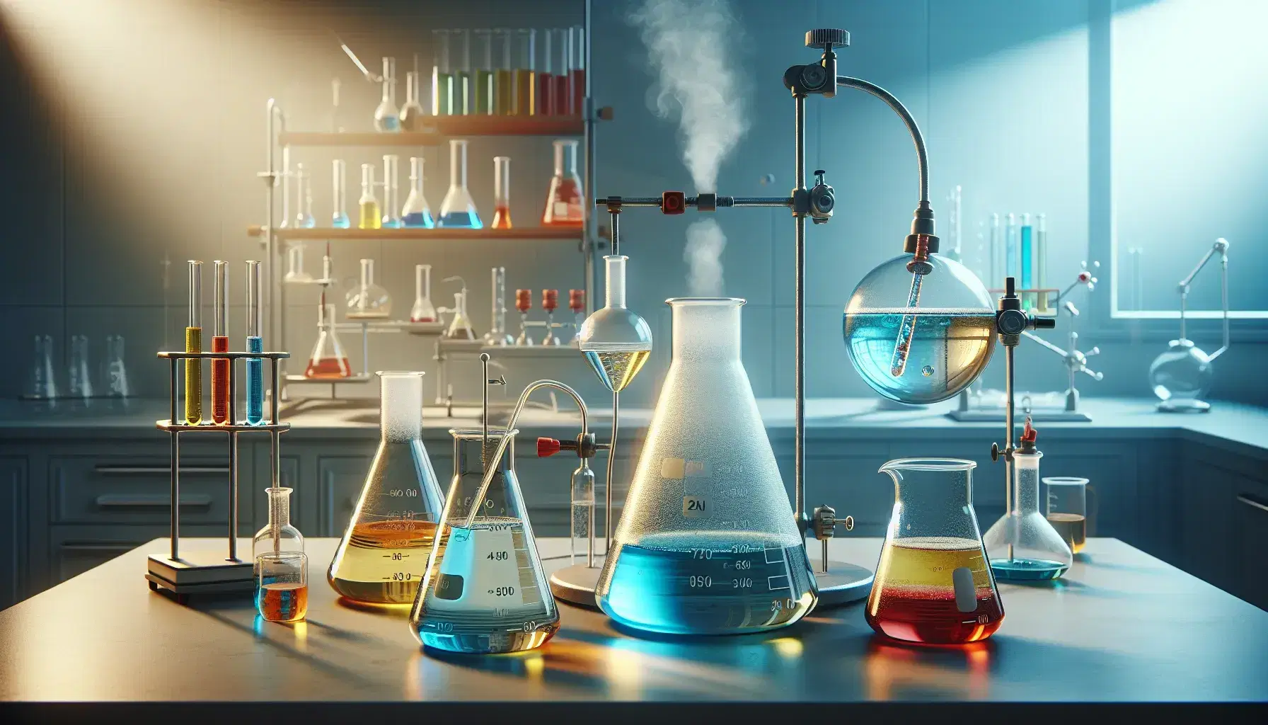 Laboratorio de química con mesa de trabajo, matraces Erlenmeyer con líquidos de colores, embudo de separación, termómetro, agitador magnético y mechero Bunsen.