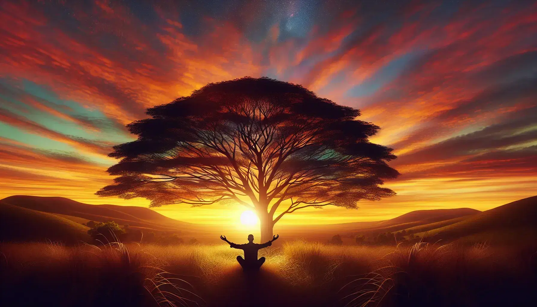 Tramonto naturale con albero frondoso e figura umana in silhouette che medita, cielo colorato e colline in lontananza.