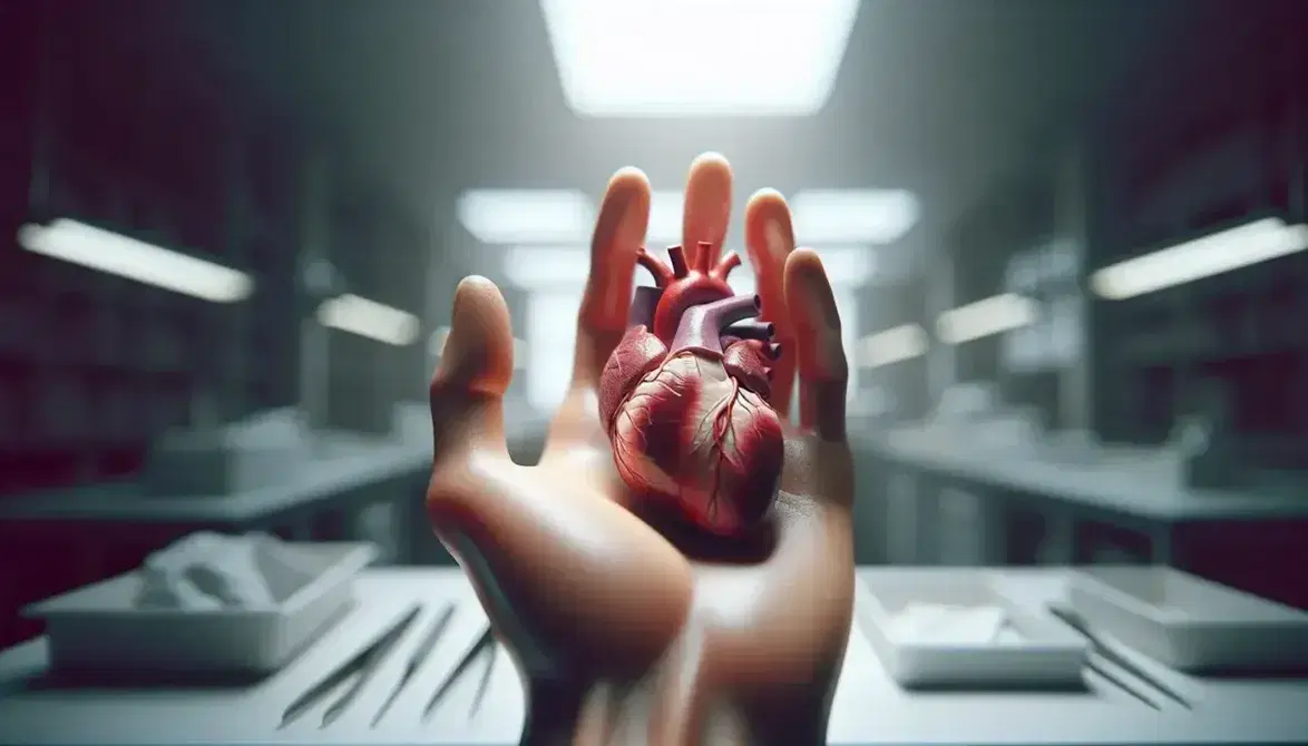 Mano aperta regge modello anatomico dettagliato di cuore umano in ambiente medico sfocato, con illuminazione soffusa che enfatizza le texture.