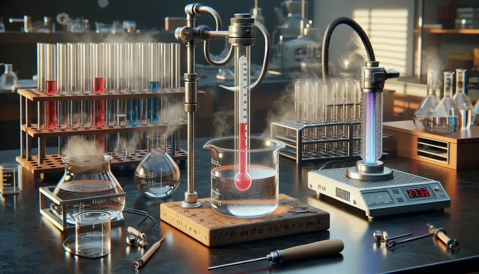Laboratorio científico con termómetro en beaker de agua, bloque metálico con varilla dilatada, calentador eléctrico y tubos de ensayo con líquidos coloridos.