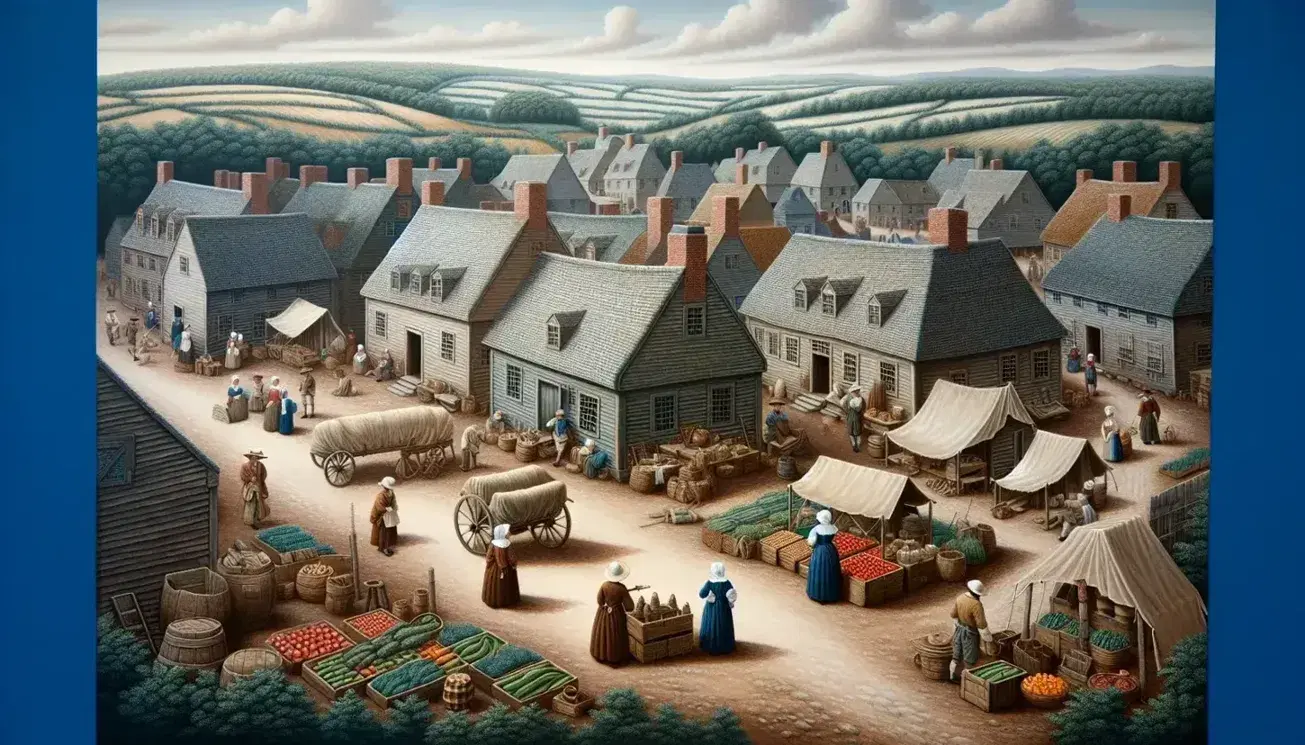 Ricostruzione artistica di un insediamento coloniale inglese del XVIII secolo in Nord America, con abitanti in abiti d'epoca e mercato all'aperto.