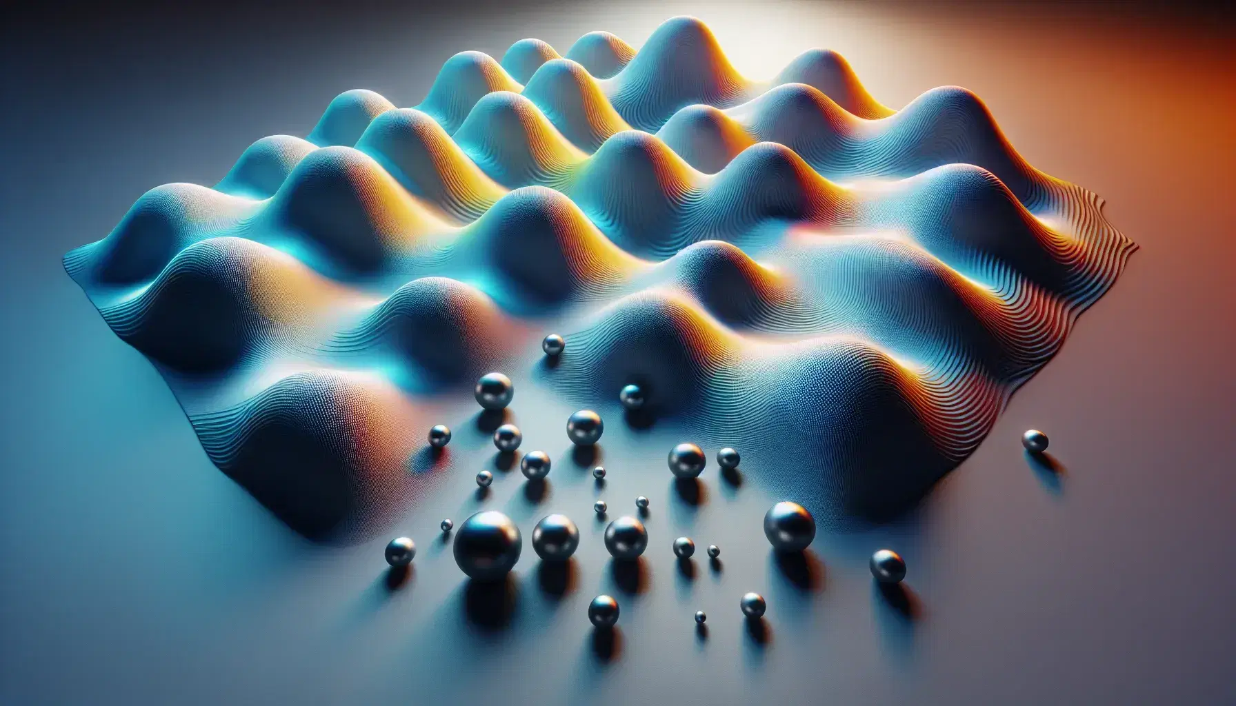 Three-dimensional geometric landscape with a color-gradient surface transitioning from blue to orange, dotted with reflective silver spheres casting soft shadows.