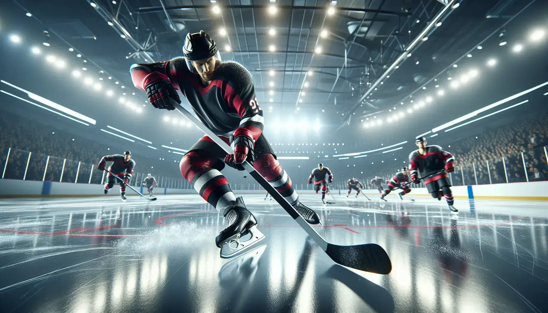 Ice hockey game with player in red and black uniform handling the puck, teammates and opponents in action, blurred audience in the background.