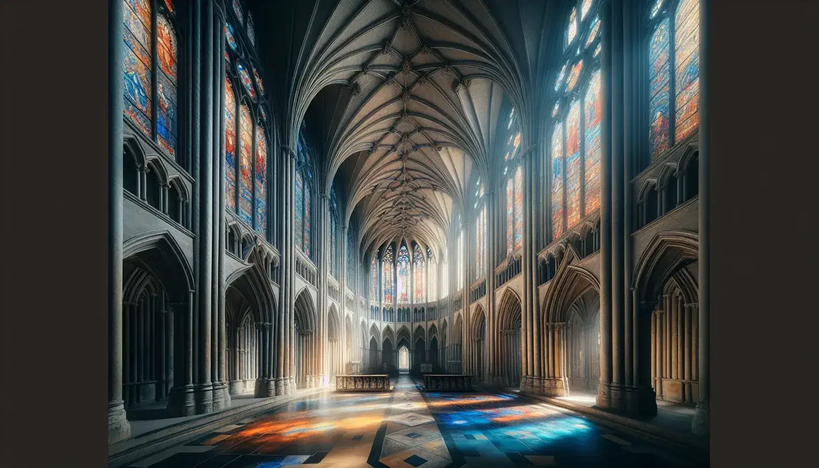 Interno di cattedrale gotica con navata centrale, archi acuti, colonne slanciate, volte a crociera e vetrate policrome che diffondono luce colorata.