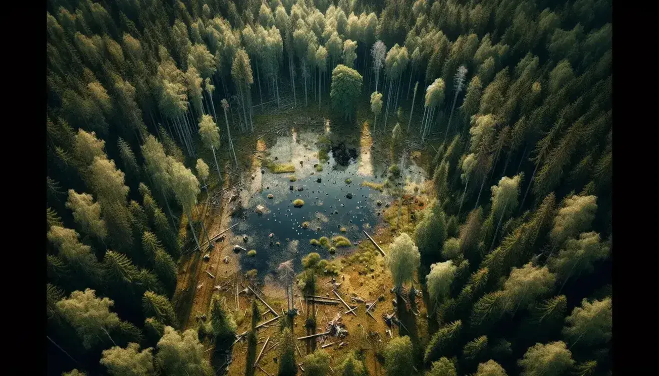 Vista aérea de un bosque denso con un estanque reflejando el cielo, rodeado de árboles de tonos verdes y amarillos, fauna visible y rocas dispersas.