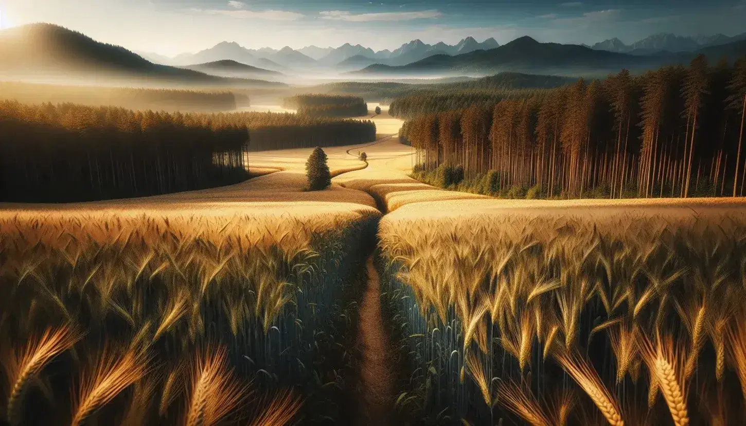 Campo di grano dorato con sentiero sinuoso, foresta lussureggiante e montagne sfumate sullo sfondo sotto un cielo azzurro con nuvole sparse.