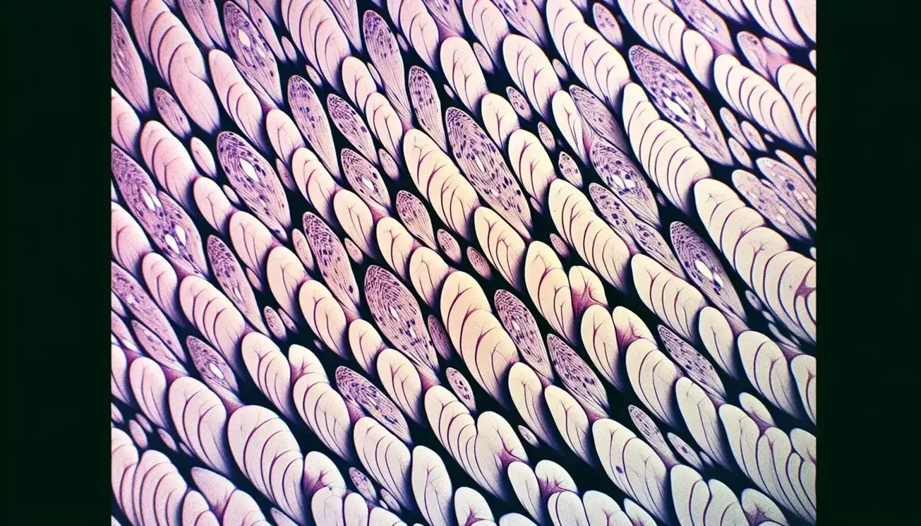 Vista microscópica de tejido muscular estriado mostrando fibras alineadas con bandas claras y oscuras alternadas, sin núcleos visibles.