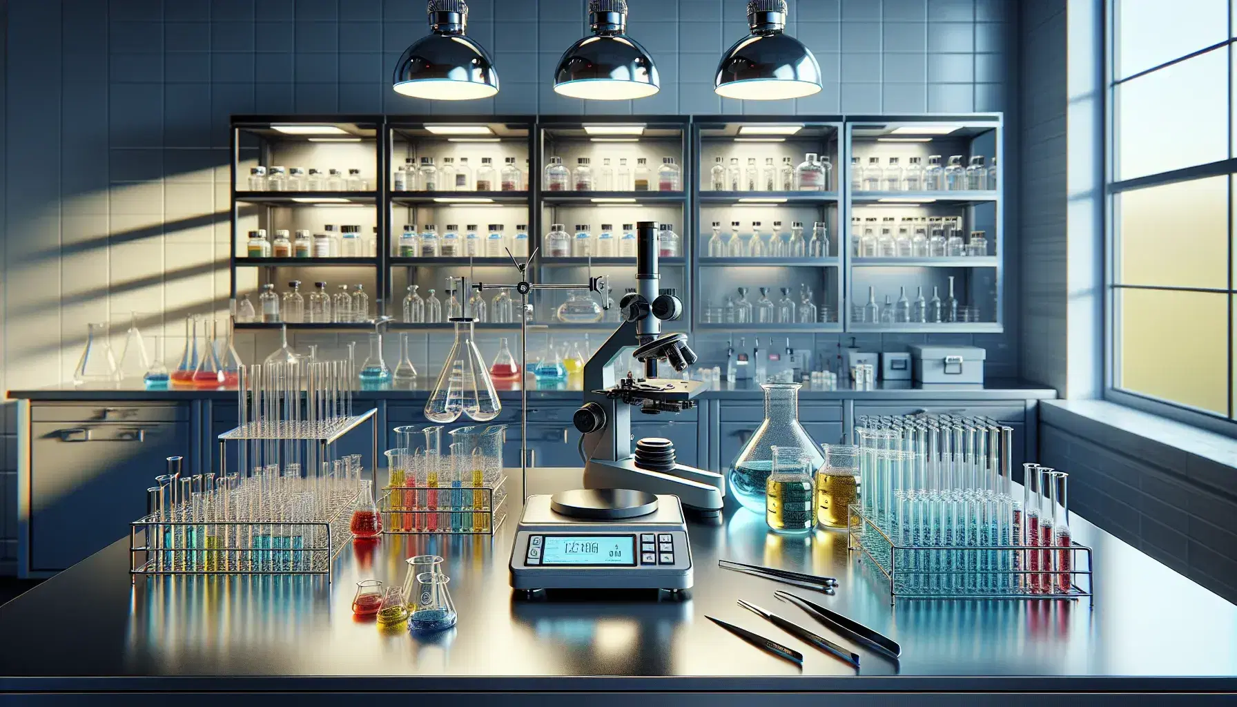 Laboratorio scientifico moderno con tavolo da lavoro, microscopio, provette colorate, pipette e bilancia analitica digitale.